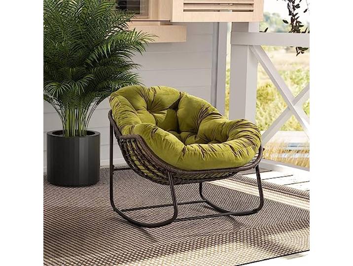 Ball & Cast Schaukelstuhl Outdoor, Rocking Chair mit Gepolstertem Kissen, Relaxsessel Schwingsessel für Garten, Balkon & Terrasse, Olive