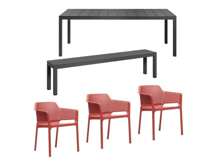 NARDI Net/Rio Gartenmöbel-Set mit Stapelstuhl, Gartentisch und -bank, 5-teilig - mit Stapelstuhl Kunststoff koralle Trendig &amp; bunt stapelbar, Tischbein mit Höhenausgleich