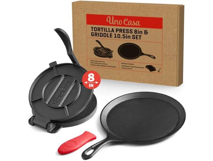 Uno Casa Tortilla-Presse aus Gusseisen, 20,3 cm mit Gusseisen-Comal-Pfanne – Bündel aus Gusseisen Tortilla-Pfanne für Roti-Pfanne, Tawa-Pfanne, Dosa-Pfanne & Tortilla-Presse Pataconera, Comales para
