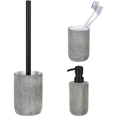 Badaccessoire-Set "»Antella«", grau, geriffelt, Edelstahl, Polyresin (Kunststein), SCHÖNER WOHNEN-KOLLEKTION, Badaccessoires-Sets, aus Polyresin, mit Zahnputzbecher, Seifenspender und WC-Garnitur
