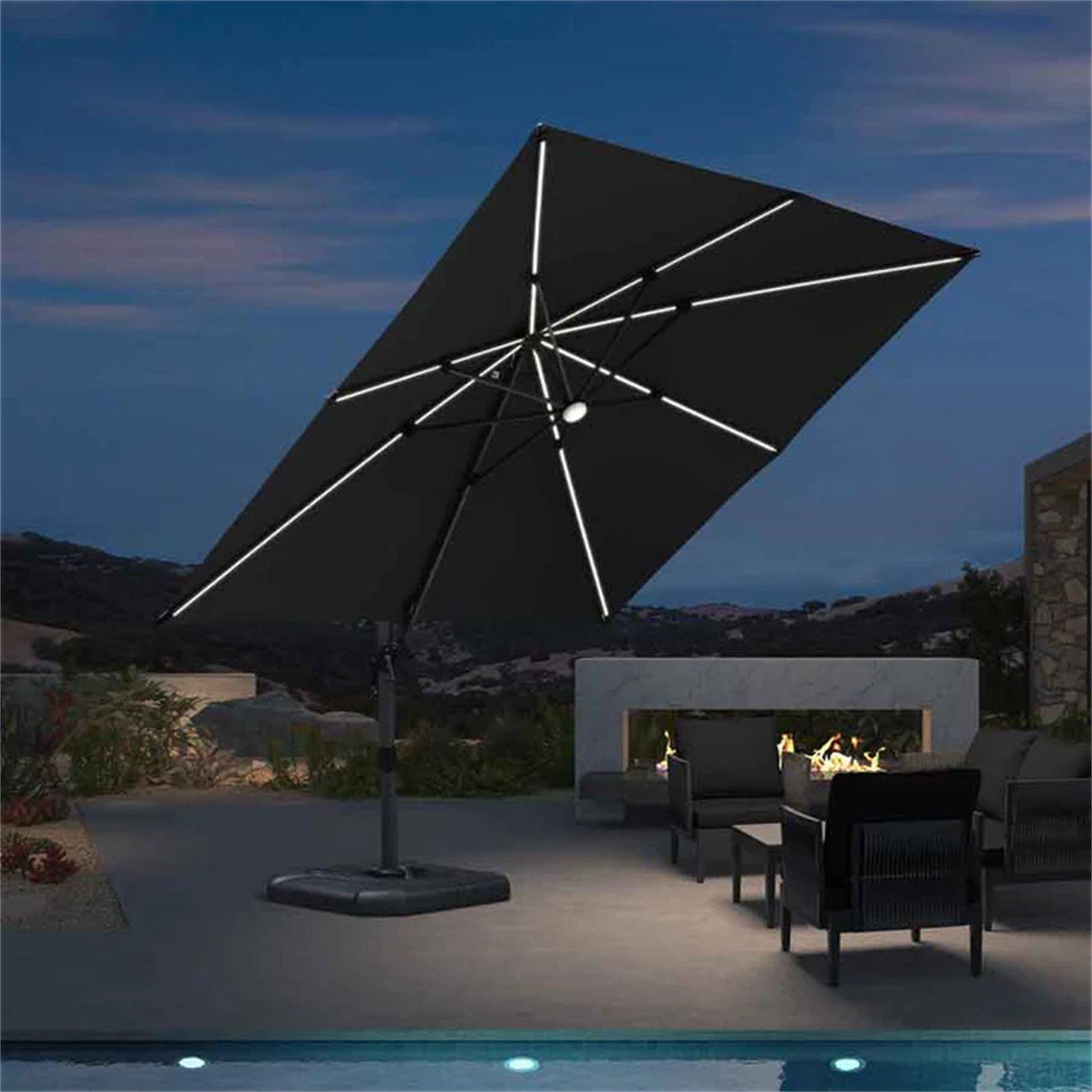 PURPLE LEAF Sonnenschirm 300 x 300 cm, Aluminium Ampelschirm mit Solar LED Beleuchtung, Gartenschirm mit Kurbel, Hellgrau