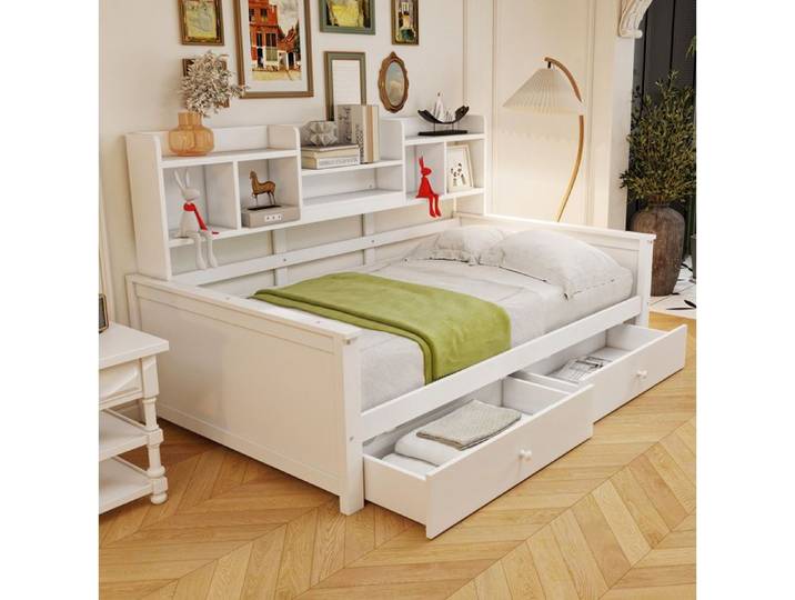 SENVIRO Lit banquette – rangement latéral et tiroirs – 90 x 200 cm