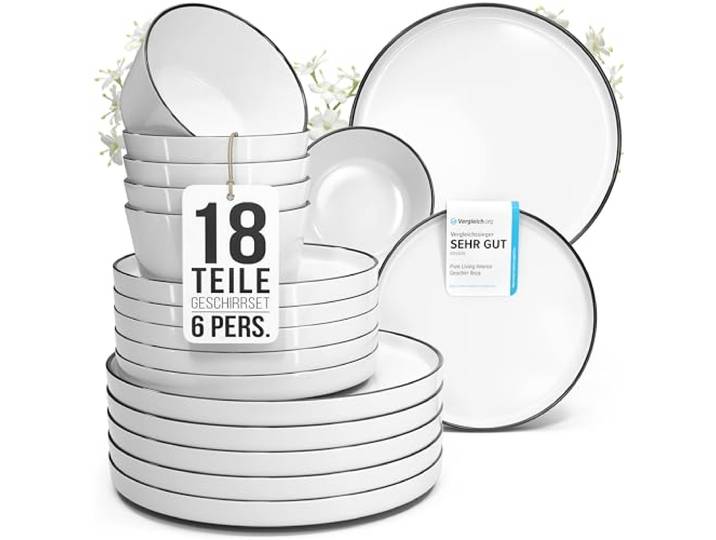 Porzellan Geschirrset 6 Personen Scandi 18 tlg. TESTSIEGER, Traumhaftes skandinavisches Porzellan Geschirr Set, Schüssel- und Teller Set, Tafelservice 6 Personen, Geschirrsets Pure Living in weiß