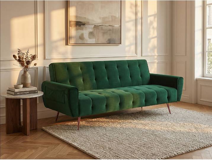 Schlafsofa Klappsofa 3-Sitzer - Samt - Tannengrün - POLANI - Art-Déco-Stil, Clic-Clac-Mechanismus, für 3 Personen