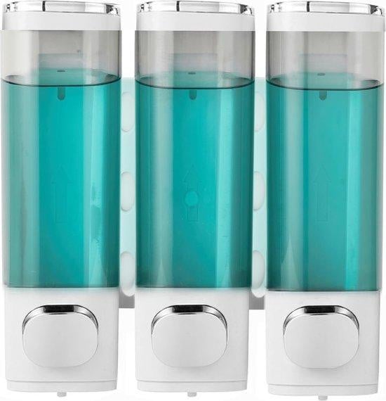Unyqoos Wandzeepdispenser Set – 3 navulbare pompflessen van 300 ml, wit, met wandhouder zonder boren, geschikt voor shampoo, lotion en vloeibare zeep