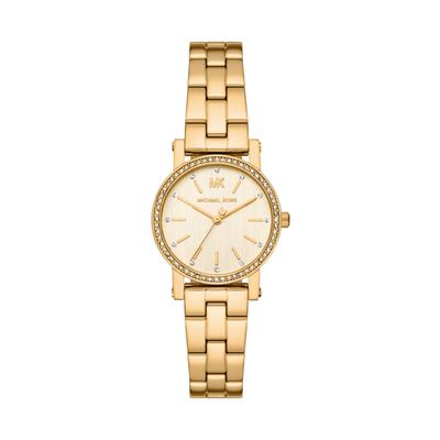 Quarzuhr MICHAEL KORS "Corey", gold (gelbgolgfarben, gelbgoldfarben), Armbanduhren, Damen, gelbgoldfarben, Quarzuhr, Armbanduhr, Edelstahlarmband, analog, Glassteine