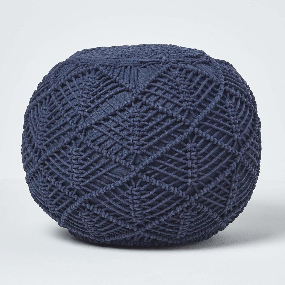 Marineblauwe macramé gebreide poef van 100% katoen - 40 cm