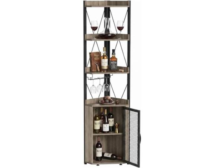 XPJYUA Eck Barschrank 5-stufiges Industrie-Eckregal mit Kippschutz Aufbewahrungs-Bücherregal mit Weinregal und Glashaltern, freistehendes Bücherregal-Ausstellungsregal(Color2)