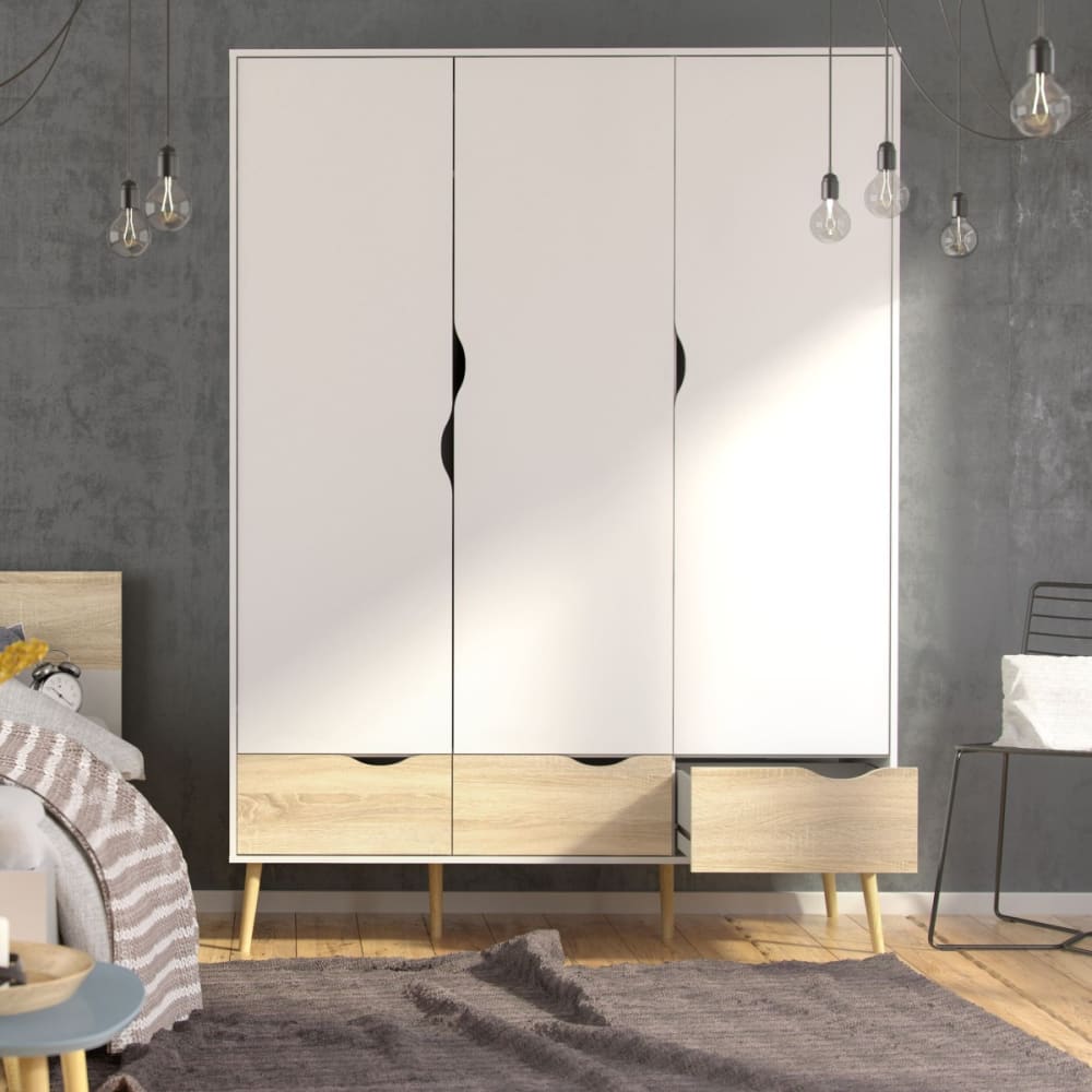 Calicosy Armoire 3 portes, 3 tiroirs blanc et décor chêne l147,2 cm Blanc 147x200x58cm