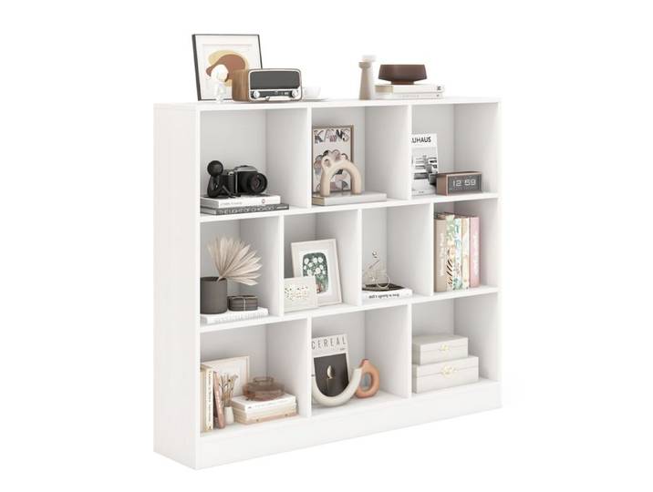 GOPLUS Bibliothèque Moderne à 10 Cubes 120x24x104CM avec 2 Kits Antidérapants-Organisateur de Rangement à 3 Niveaux-Blanc