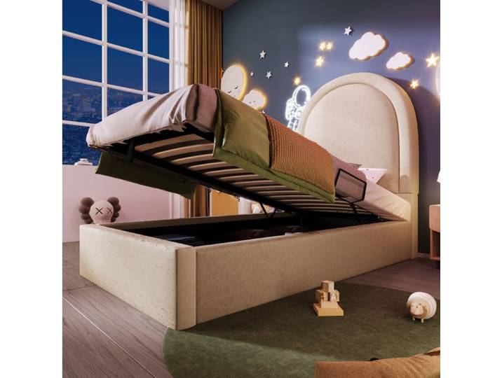 Lit enfant avec rangement hydraulique en PU beige 90 × 200 cm