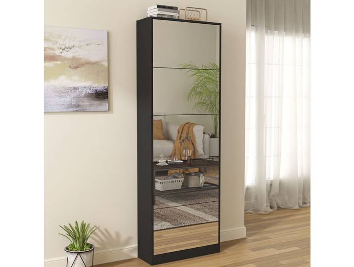 Modenuit Meuble à chaussures avec miroir pleine longueur 5 compartiments basculants 30 paires noir