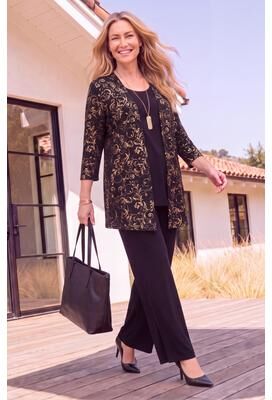 Plus Size Women's Black Label Metallic Cardigan by Catherines in Black Gold Scroll (Size 6X)