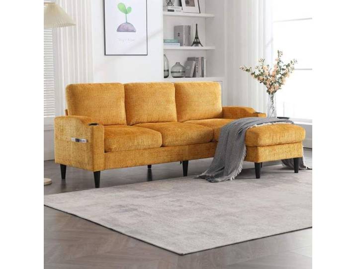 Canapé 4 places - LANGTU - Design moderne - Tissu chenille jaune - Pouf coffre - Accoudoirs porte-gobelets