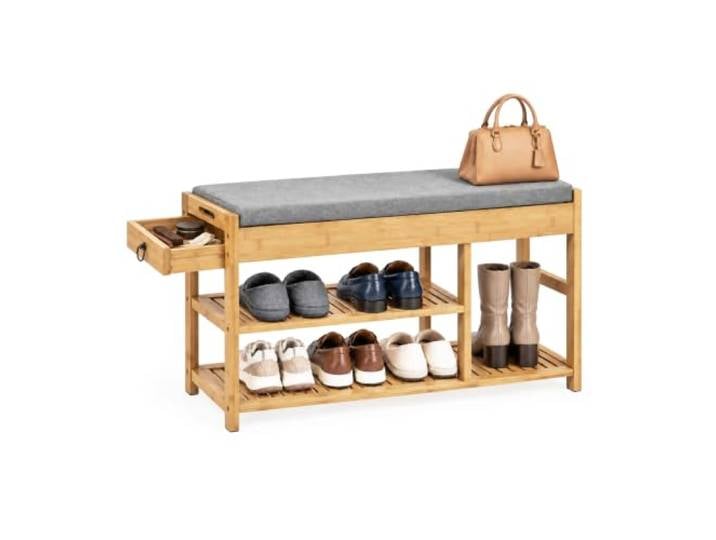 SoBuy Banc Chaussures Entrée Bambou 90cm\, 2 Tiroirs 2 Étagères FSR47-N Banc chaussures entrée bambou naturel ton bois\, charge 150kg\, 2 tiroirs et 2 étagères\, banc de rangement pour entrée
