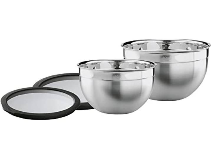RÖSLE Schüssel-Set 2-tlg. und RÖSLE Frischhaltedeckel (Ø 20 und 24 cm), Hochwertige, formschöne Schüsseln aus Edelstahl zur Zubereitung und Aufbewahrung von Speisen, spülmaschinengeeignet Silberfarben