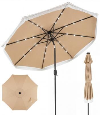 Costway 9 Feet Solar Patio Umbrella with 24 LED Lights for Yard-Beige