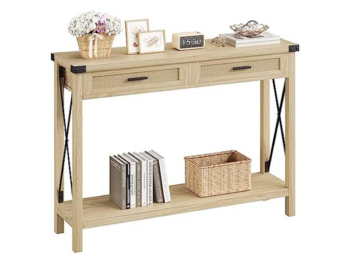 LuxFocus Boho-Konsolentisch 110 cm mit Rattanschubladen Schmaler Holztisch mit Stauraum und 2-türigem Design für Flur, Wohnzimmer und Eingang