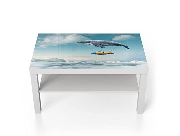 DEQORI Glastisch weiß groß 90x50 cm Motiv Buckelwal-Zeppelin ausgefallener Beistelltisch aus Glas Hochglanz Couchtisch fürs Wohnzimmer moderner Couch Tisch mit Design