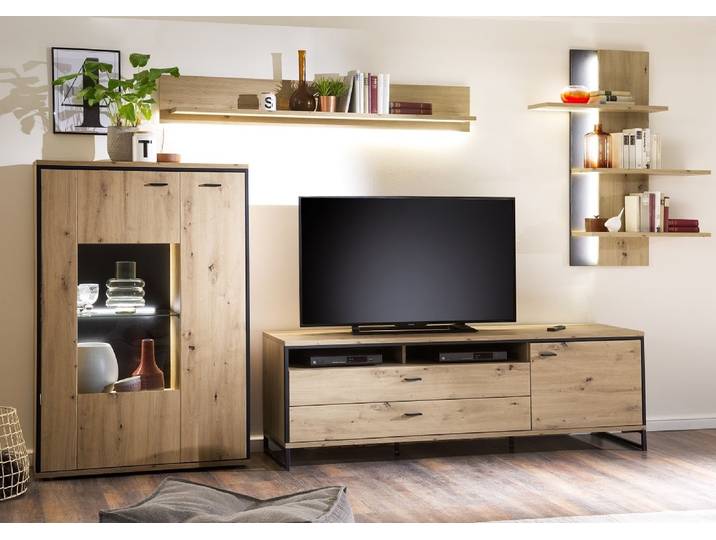Wohnwand Anbauwand II Buenos Aires , Balkeneiche , 4-teilig , LED Beleuchtung 1