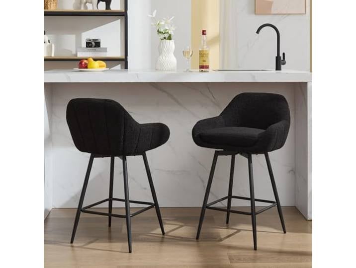 IDEALHOUSE 2er-Set Moderne Dreh-Barhocker mit Rückenlehne, 66 cm hoch, gepolstert in Teddybär-Velvet, Metallbeine für Kücheninsel – Farbe: Schwarz