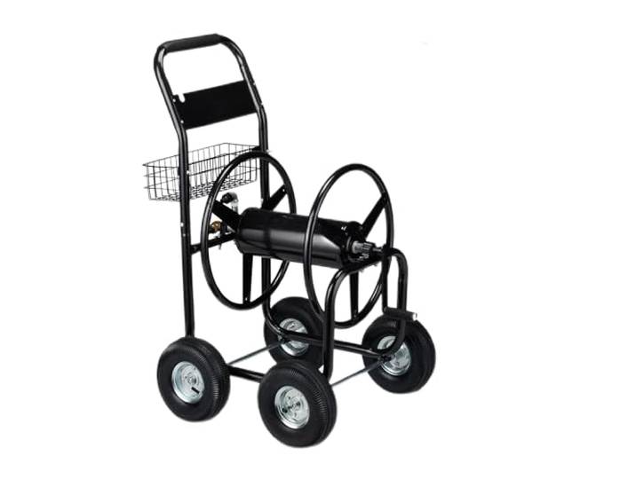 Relaxdays Chariot à tuyaux en métal\, 4 Roues en Caoutchouc\, XL Enrouleur de tuyaux\, Manivelle\, Tuyau de 60 m\, HlP 114 x