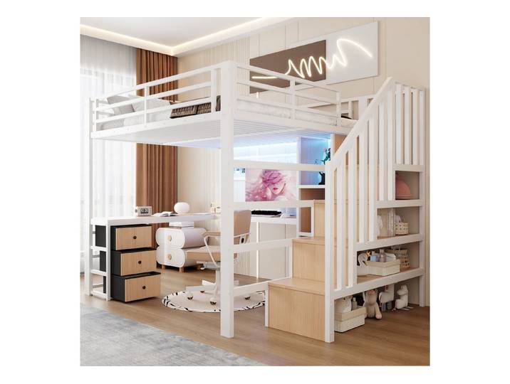 STILVORA Hochbett 140x200 Jugendbett mit Matratze Schreibtisch Schubladen Gitter Weiß (Funktionbett mit Ablagefach, Kinderzimmer, Metall, Gitter zum Aufhängen von Gegenständen) Treppenkonstruktionen mit Stauraum