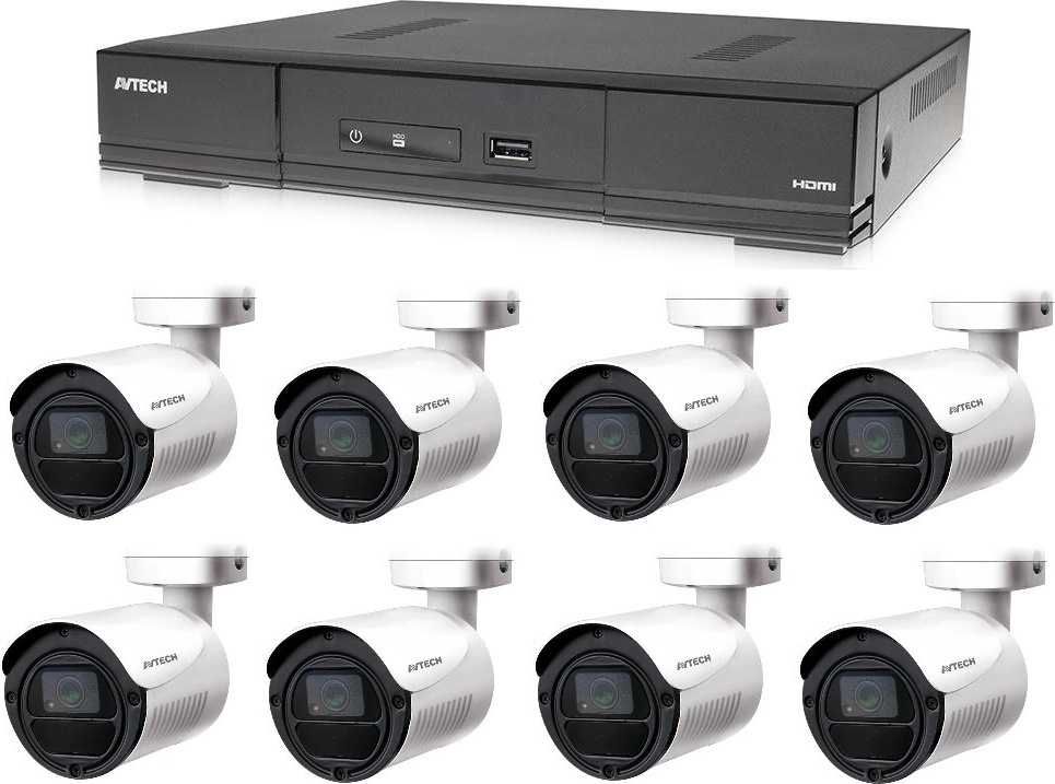Überwachungskamera Set 8CH H.265, 1x AVTECH DVR DGD1009AV, 8x 2MPX Bullet kamera AVTECH DGC1105YFT, Überwachungssystem mit 4x Stromversorgung, 1080p Video, IP66 wasserdichte