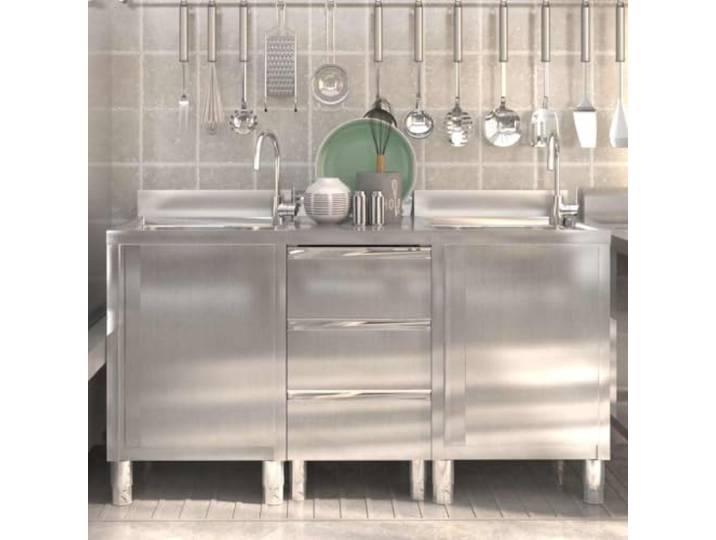 Xolmizyn Edelstahl Küchenschrank-Set 3-tlg. mit Aufkantung & Waschbecken Robust, Leicht zu reinigen, Gastro-tauglich, Höhenverstellbar