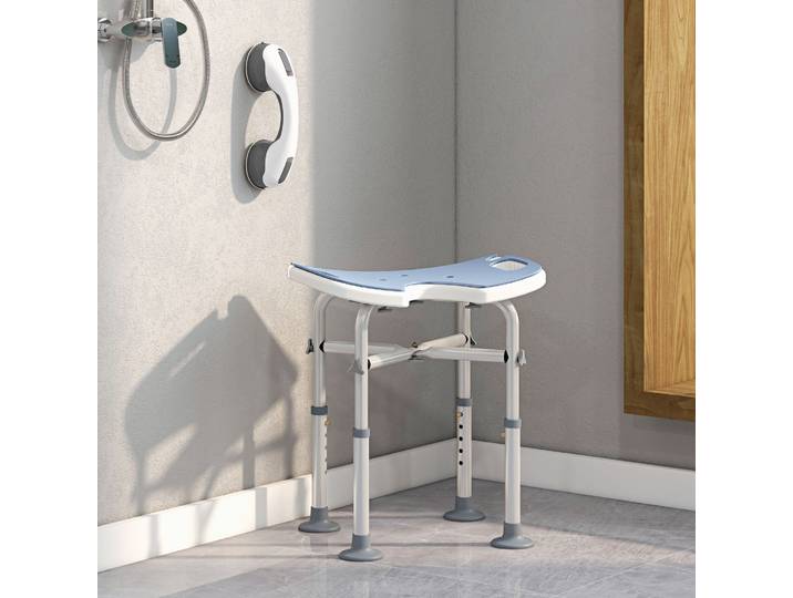 HOMCOM Tabouret Douche Hauteur Réglable 39-51,5cm Barre Ventouse Bleu