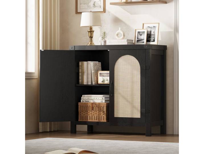Buffet en rotin - LUNSY - 2 portes en rotin - 80x35x84 cm - Noir - Étagères réglables - Pieds en métal