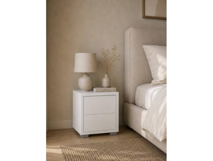 Elvora DESIGN. Nachttisch Weiß ORSINA, Schrank 2 Schubladen Modern, Minimalistisch, Skandinavisch, Push-to-Open, Inbusschlüsselsatz, , Schlafzimmer, PVC-Platte, Kleine Schrank