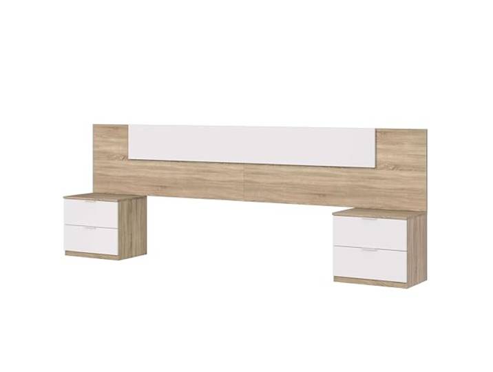 Habitdesign, modernes Kopfteil mit 2 Nachttischen – Schlafzimmer-Set für Doppelbett in Artik weiß & Kanadischer Eiche, viel Stauraum, Maße: 247 x 50 x 38 cm (B x H x T), Modell Alaya