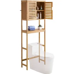 VEVOR Toilettenschrank Badezimmerschrank mit Doppeltür & verstellbarem Regal, platzsparender 3-stöckiger Badschrank über der Toilette mit offenem Regal, 65x27x175 cm Aufbewahrungsschrank Natur