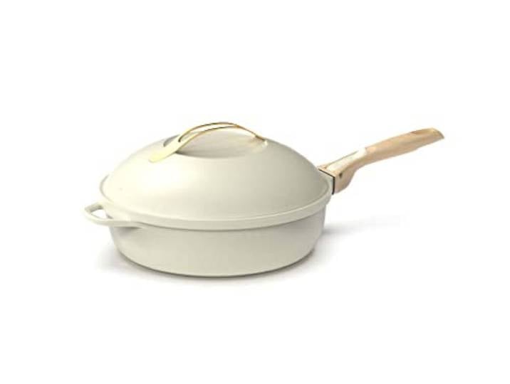 COOKUT - Die fabelhafte Pfanne - Ein Utensil ersetzt Pfanne, Topf, Schmorpfanne, Schmortopf - mit 2 abnehmbaren Griffen, Dampf-/Frittierkorb, Holzspatel - MERINGUE