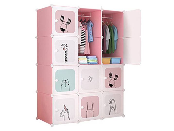 Penderie souple - Armoire de rangement pour enfant - penderie vêtements en Plastique - 12 portes 4 niveaux 12 compartiments rose