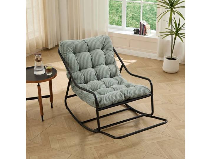 Fauteuil à bascule jardin - WESTYLE - Outdoor Rocking Chair - Cadre métal noir - Coussin épais vert clair - Balancement réglable