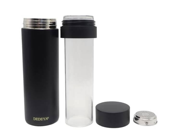 DEDEYA 425 ml Glasgefütterte Thermoskanne mit Teesieb für heiße und kalte Getränke
