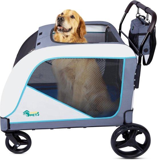 Sehr großer Kinderwagen für mittelgroße Hunde - Gummiräder - Verstellbarer Griff - Atmungsaktives Netzmaterial - Maximale Belastung: 80 kg - Aufbewahrungstasche - Zusammenklappbar