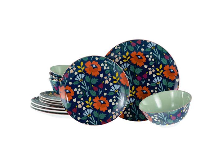Creatable Tafelservice Folklore, Mehrfarbig, Keramik, 12-teilig, Blume, lebensmittelecht, stapelbar, Geschirr, Geschirrsets, Tafelservice