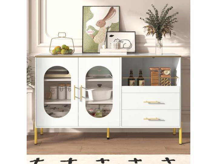 Buffet - TANANT - Moderne - 2 Portes - 2 Tiroirs - Blanc avec Garnitures Dorées
