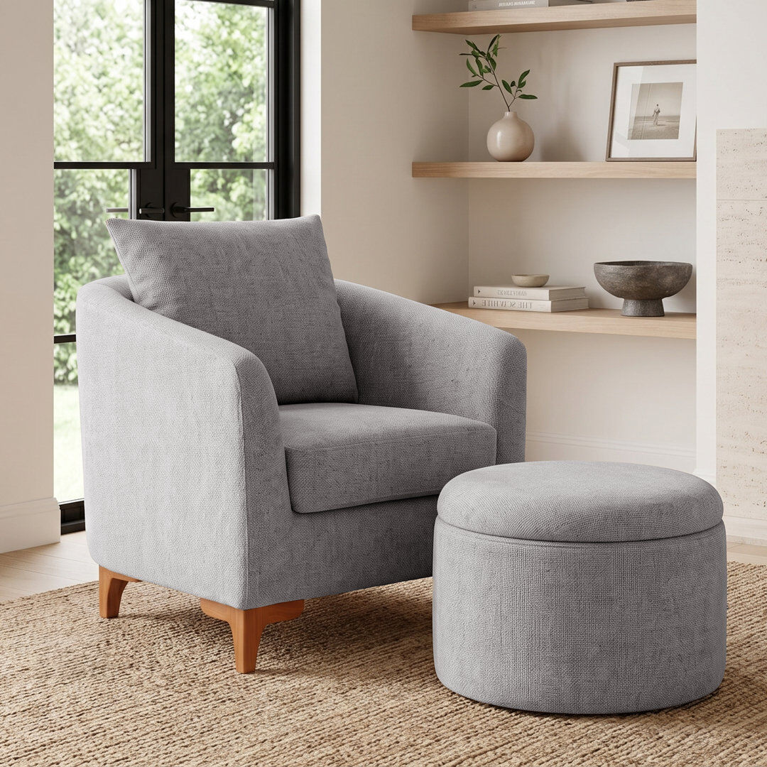 ClassicLiving Upholstered Barrel Chair With Footstool Grey Chenille 81cm H X 76cm W X 75cm D
