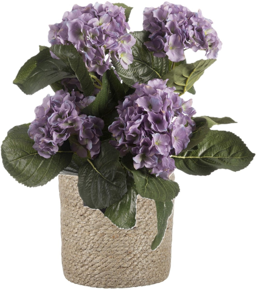 Kunstplant Hortensia Hydrangea met paarse bloemen en bruine rotan plantenmand