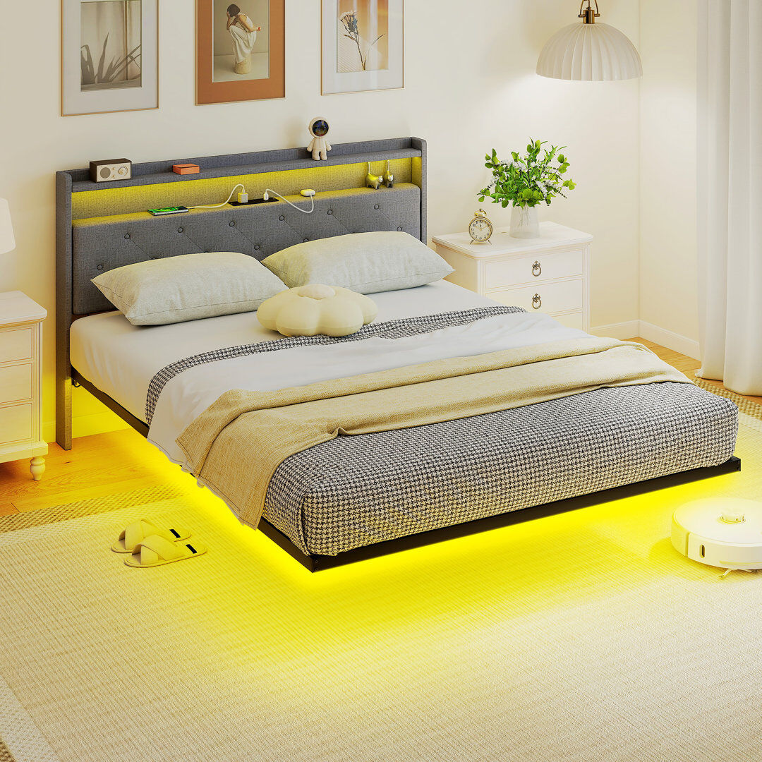 17 Stories HOMCOM Bed Frame Floating Bed Frame with RGB LED Lights Grey Grey Kingsize (5')