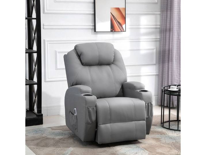 Fauteuil Relax et Massant Électrique Luxe - Inclinaison Dossier Repose-Pied Revêtement synthétique Gris