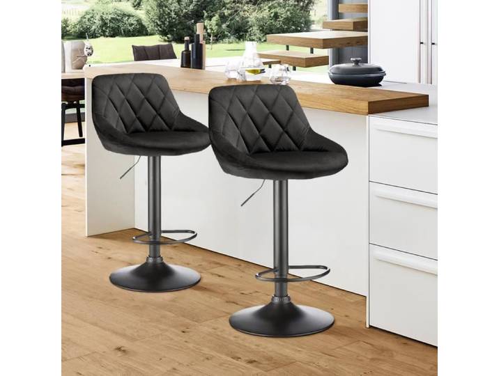 Tabourets de bar - HOMEWELL - YIPEEMA - Velours Noir - Réglable en hauteur - Lot de 2