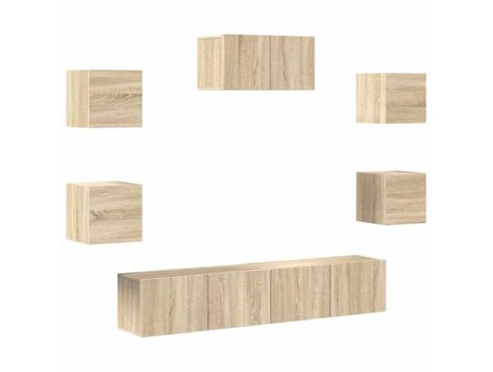 KTHLBRH TV-Möbel-Set 7-teilig Eiche Sonoma aus mehrschichtigem Holz Wanddesign, Stauraum, Fächer in verschiedenen Größen, Montageanleitung im Lieferumfang enthalten, TV-Einheit zum Aufhängen