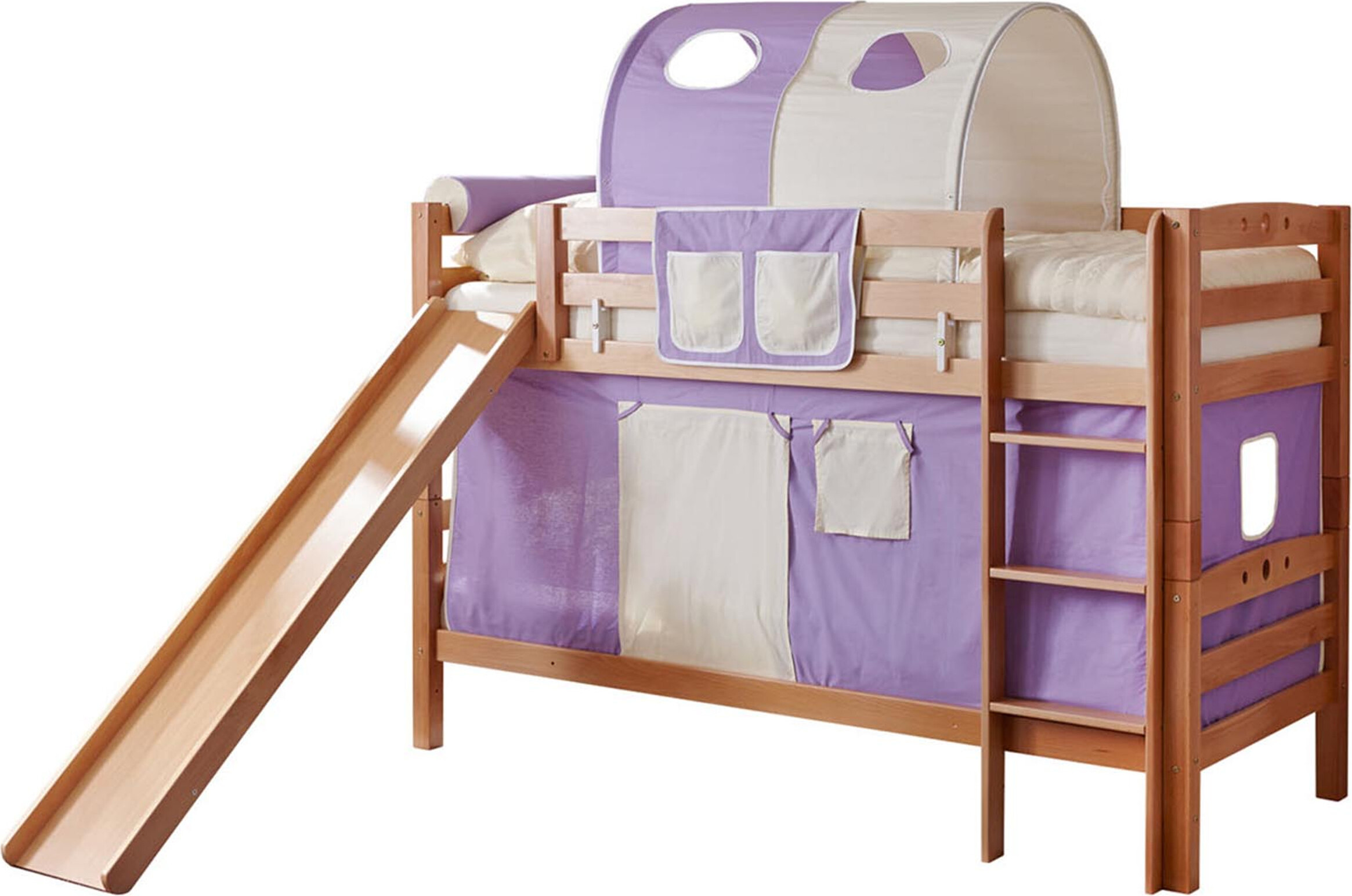 Etagenbett mit Rutsche Doppelbett Buche massiv Natur, Vorhangstoff:Lila Beige