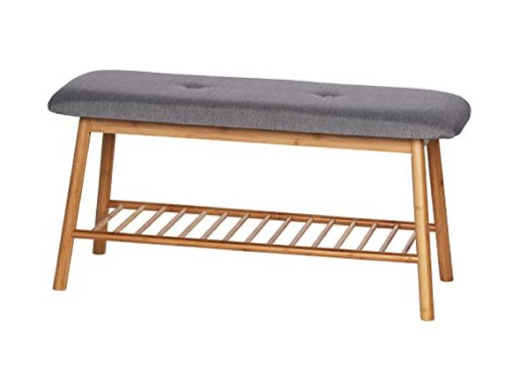 WENKO Banc à Chaussures avec Coussin\, 100% Polyester\, Entrée & Salon cadre en bambou\, étagère pour jusqu'à 4 paires de chaussures\, 90 x 45 x 34 cm\, Mod Bahari
