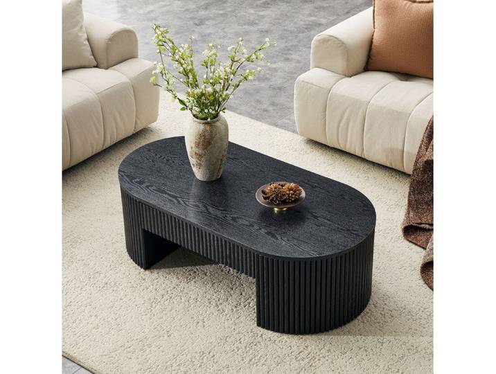Table basse ovale noire AESVAR MDF rangement latéral rainures verticales effet bois salon